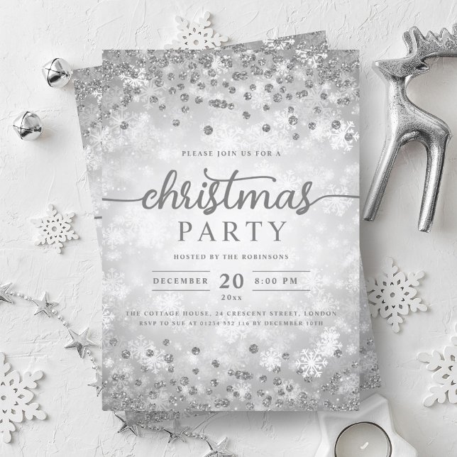 Convites Festa de Natal de Ouros de Inverno Elegante (Elegant Silver Winter Diamonds Christmas Party Invitation)