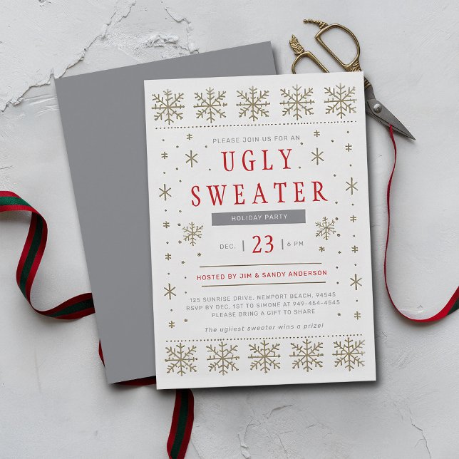 Convites Festa de Natal de Padrão Moderno Scandi, Suéter Fe (ugly sweater christmas party invitation modern minimalist snowflake scandinavian silver gold)