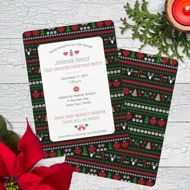 Convites Festa de Natal de Padrões Feios (Traditional Ugly Sweater pattern Christmas Holiday Party Invitation with Faux Stitched Typography)