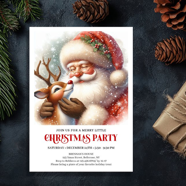 Convites Festa de Natal de Papai Noel e Rudolph Fofos  (Cute Santa and Rudolph Christmas Party Gathering Invitation

)