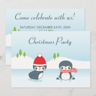 Convites Festa de Natal de Pinguins Fofo de Patinação no Ge