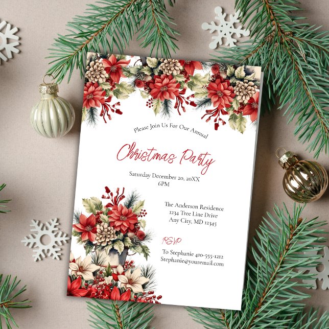 Convites Festa de Natal de Poinsettia (Poinsettia Vintage Christmas Holiday party invitation)