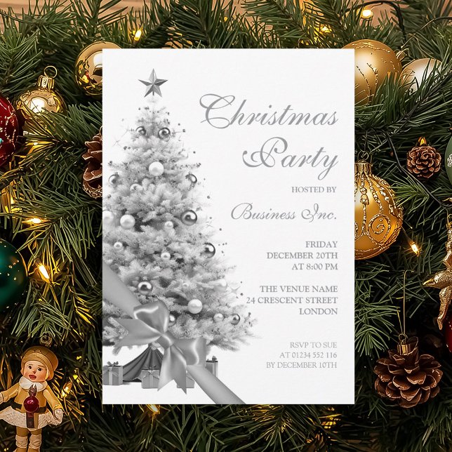 Convites Festa de Natal de Prata Corporativa (Corporate Silver Christmas Tree Holiday Party Invitation)