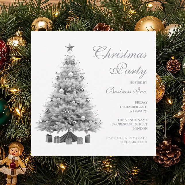 Convites Festa de Natal de Prata Corporativa (Corporate Silver Christmas Tree Holiday Party Invitation)