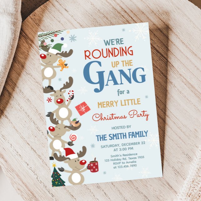 Convites Festa de Natal de Reindeer Divertido (We're Rounding Up the Gang Reindeer Christmas Party Invitation)