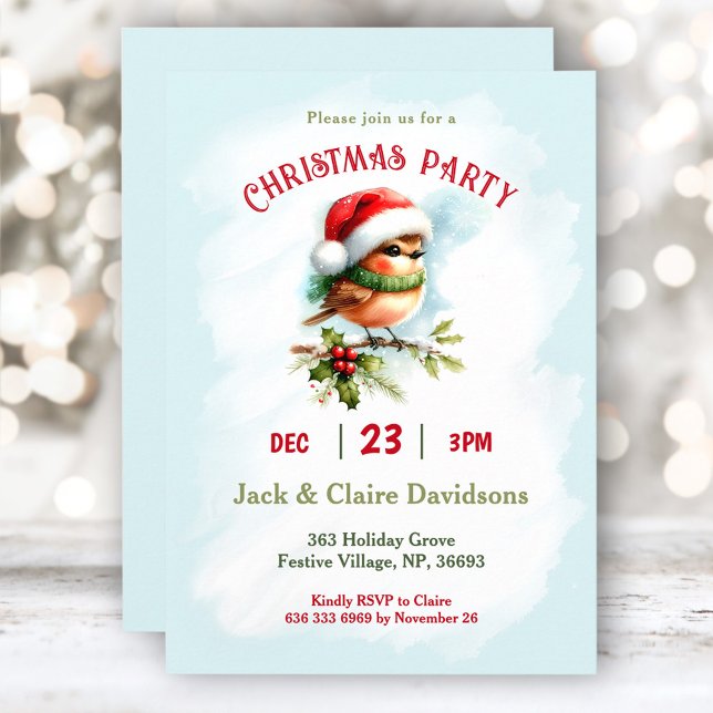 Convites Festa de Natal de Robin Bird Santa Hat, um belo in (Cute Winter Robin Bird Santa Hat Christmas Party Invitation)