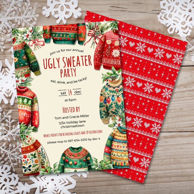 Convites Festa de Natal de Suéter Feio (Ugly Sweater Christmas Party Invitation with a variety of sweaters, handwritten font, sweater print.)