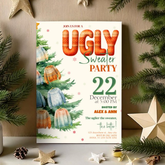 Convites Festa de Natal de Suéter Feio Aquarela Aconchegant (Ugly Sweater Christmas Party Cozy Watercolor Invitation, Xmas Invite)