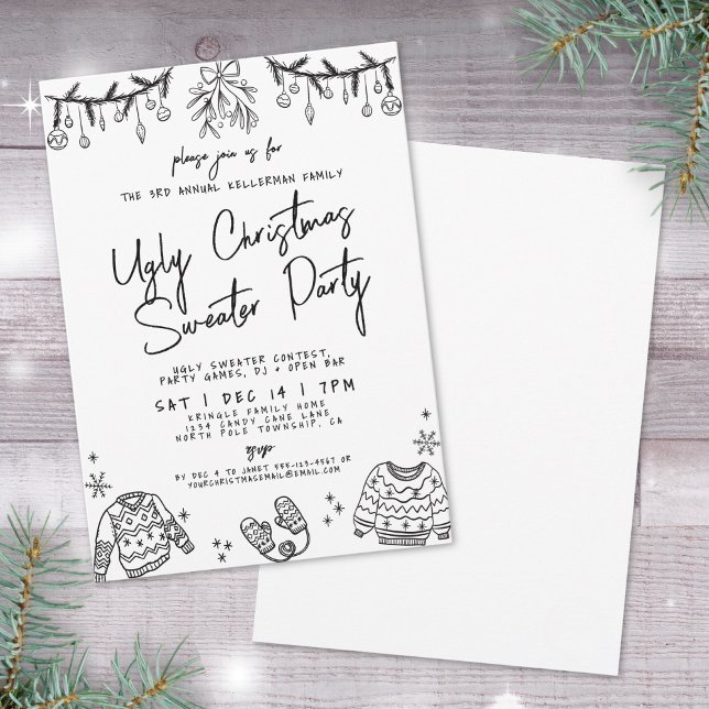 Convites Festa de Natal de Suéter Feio Desenhado à Mão (Hand Drawn Ugly Sweater Christmas Party Invitation)