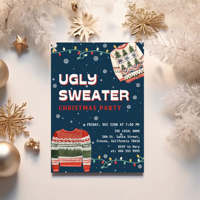 Convites Festa de Natal de Suéter Feio e Divertido (Funny ugly sweater blue christmas party invitation)