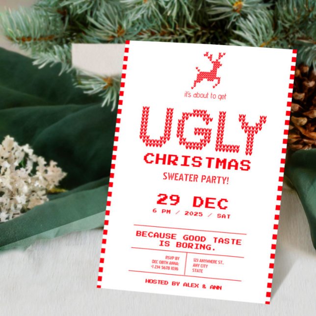 Convites Festa de Natal de Suéter Feio | Pixel Knit Engraça (Ugly Sweater Christmas Party | Funny Pixel Knit Invitation | Tis The Season Invitation)