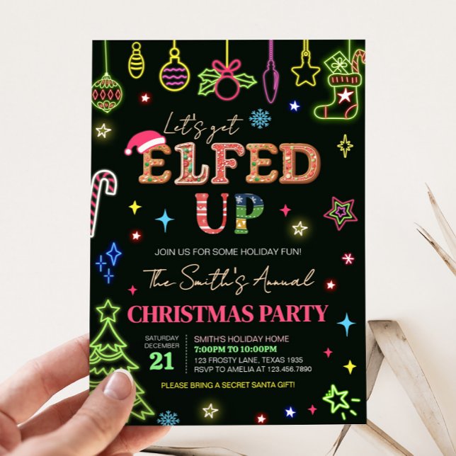 Convites Festa de Natal de vamos (Let's Get Elfed Up Neon Christmas Party Invitation)