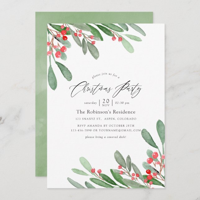 Convites Festa de Natal de Watercolor Holly Jolly (Frente/Verso)