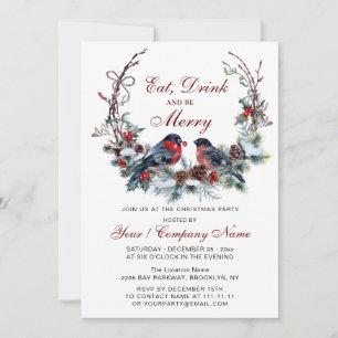 Convites Festa de Natal de Watercolor Wreath & Red Birds