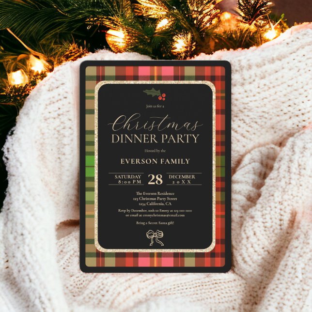 Convites Festa de Natal de Xadrez festiva de ouro tradicion (Traditional gold Festive Plaid Christmas Party Invitation)