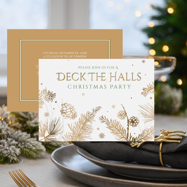 Convites Festa de Natal - Deck The Halls - Dourado (Christmas Holiday Party - Deck The Halls - Gold Invitation)