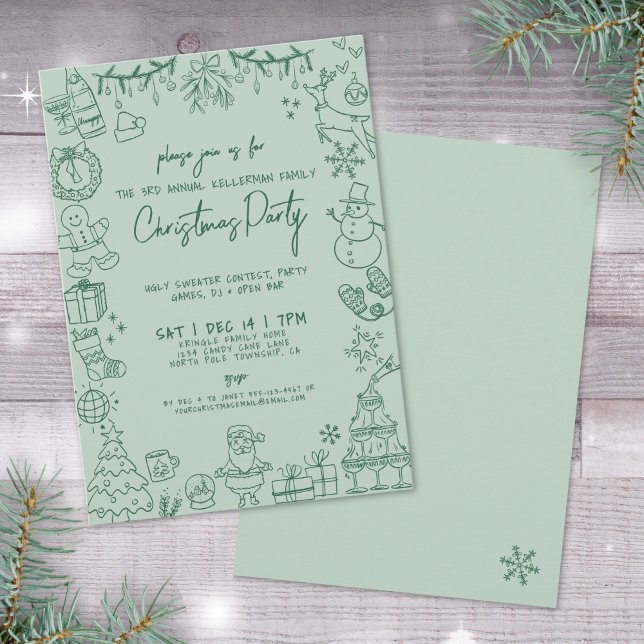 Convites Festa de Natal Desenhada à Mão com Capricho (Whimsical Hand Drawn Christmas Party Invitation)