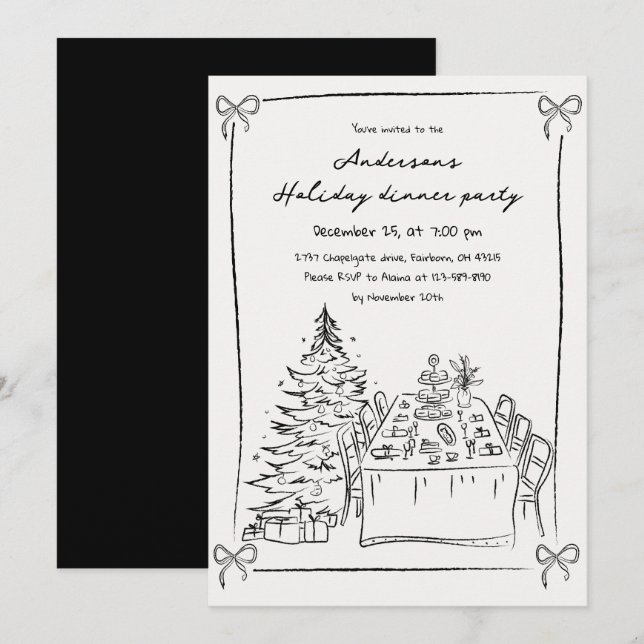 Convites Festa de Natal Desenhada à Mão em Preto e Branco (Frente/Verso)