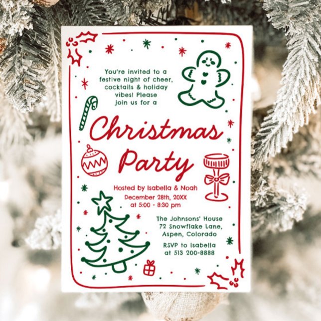 Convites Festa de Natal Desenhada de Feriado Whimsical (Whimsical Holiday Hand Drawn Christmas Party Invitation)