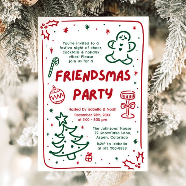 Convites Festa de Natal Desenhada Festa de Amizade (Whimsical Holiday Hand Drawn Friendsmas Party Card)