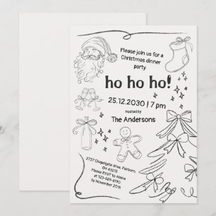 Convites Festa de Natal Desenho à Mão Preto e Branco
