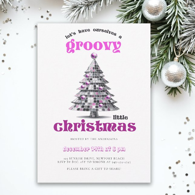 Convites Festa de Natal Disco Rosa Groovy Little Christmas (christmas party invitation corporate business disco groovy 70s hot pink black elegant fun tree)