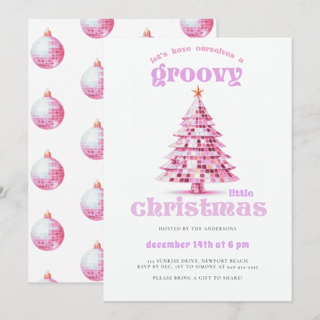 Convites Festa de Natal Disco Rosa Groovy Little Christmas (Frente/Verso)