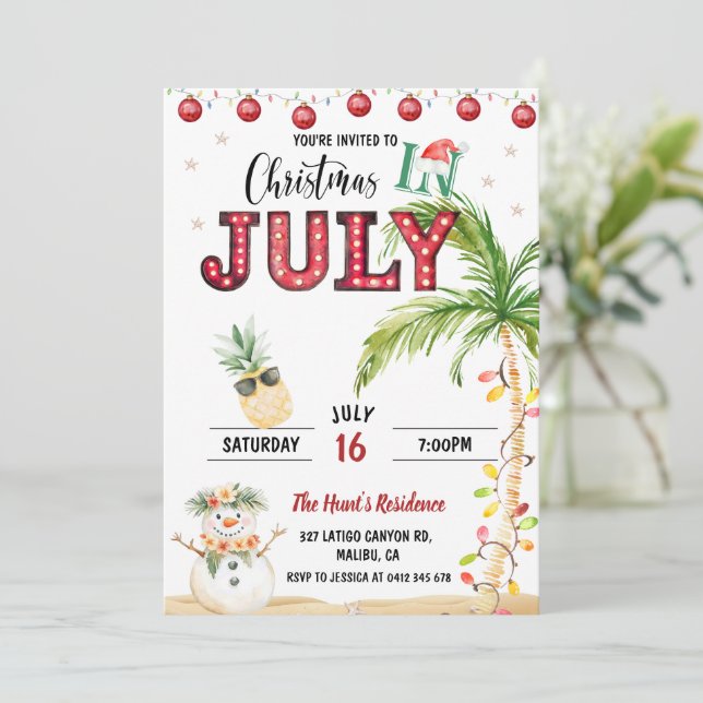 Convites Festa de Natal Divertida com Aquarela em Julho (Em pé/Frente)