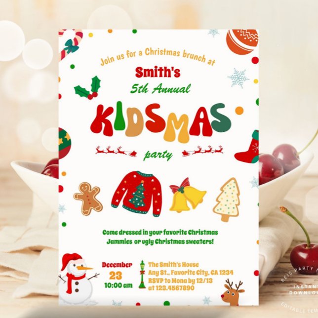 Convites Festa de Natal divertida para Festas de aniversári (holiday party invitation, christmas brunch, kidsmas, kidsmas party, annual party, kidsmas christmas )
