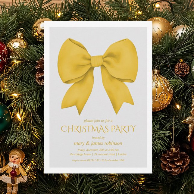 Convites Festa de Natal do Arco Dourado Elegante (Elegant Gold Bow Christmas Holiday Party Invitation)