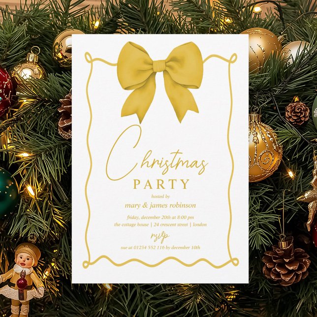 Convites Festa de Natal do Arco Dourado Whimsic (Whimsical Gold Bow Christmas Holiday Party Invitation)