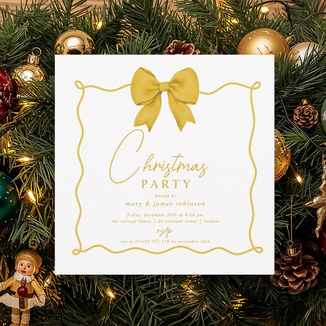 Convites Festa de Natal do Arco Dourado Whimsic (Whimsical Gold Bow Christmas Holiday Party Invitation)