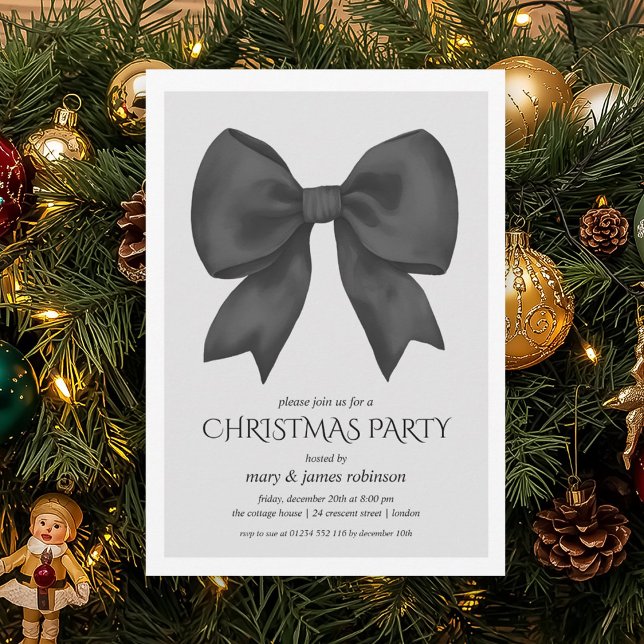 Convites Festa de Natal do Arco Negro Elegante (Elegant Black Bow Christmas Holiday Party Invitation)