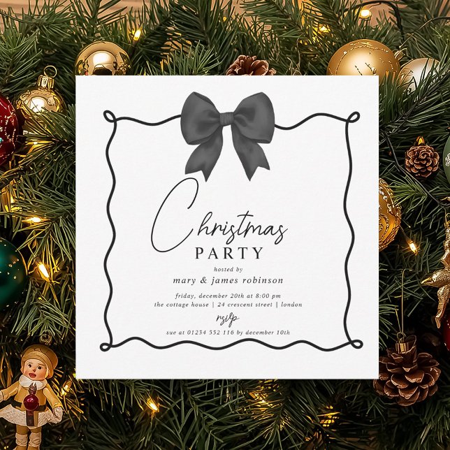 Convites Festa de Natal do Arco Negro Whimsic (Whimsical Black Bow Christmas Holiday Party Invitation)