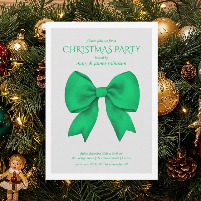 Convites Festa de Natal do Arco Verde Moderno (Modern Green Bow Christmas Holiday Party Invitation)