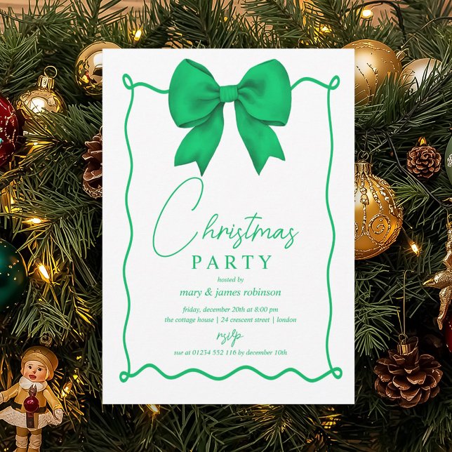 Convites Festa de Natal do Arco Verde Whimsic (Whimsical Green Bow Christmas Holiday Party Invitation)
