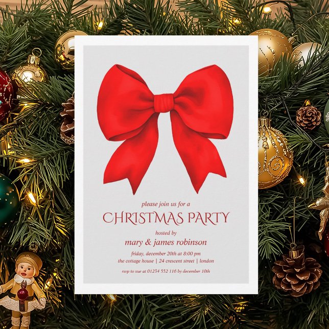 Convites Festa de Natal do Arco Vermelho Elegante (Elegant Red Bow Christmas Holiday Party Invitation)