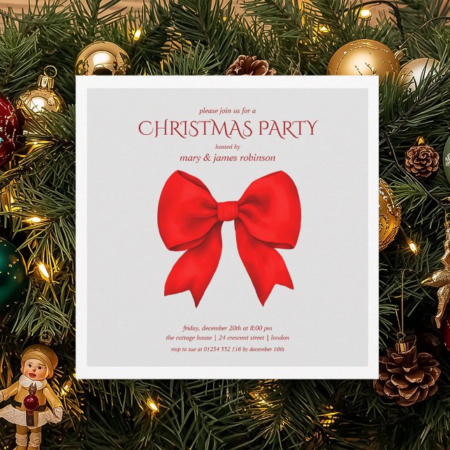 Convites Festa de Natal do Arco Vermelho Moderno (Modern Red Bow Christmas Holiday Party Invitation)