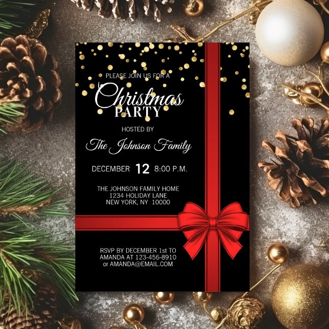 Convites Festa de Natal do Arco Vermelho Negro Elegante (Elegant Black Red Bow Christmas Holiday Party Invitation)