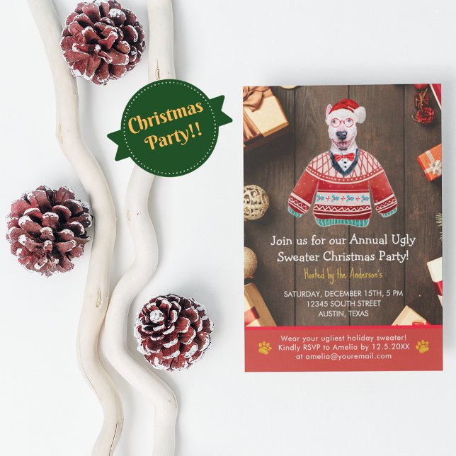 Convites Festa de Natal do Bull Terrier Ugly Sweater (Front)