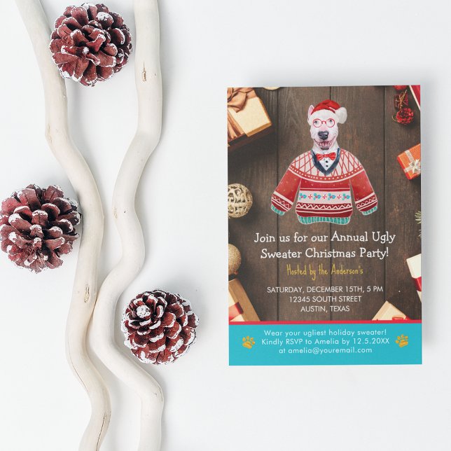 Convites Festa de Natal do Bull Terrier Ugly Sweater (Front)
