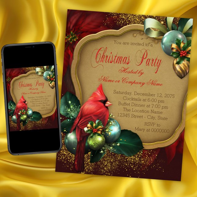 Convites Festa de Natal do Cardeal Vermelho Elegante (Red Cardinal Christmas Party Invitation. Instant download and printed invitations available.)