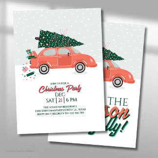 Convites Festa de Natal do Carro Vermelho com Árvore em Cim