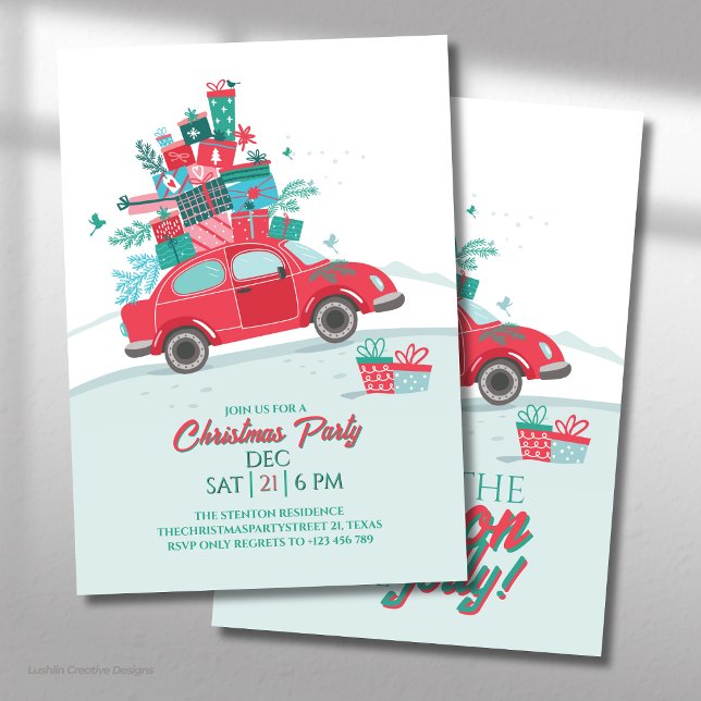 Convites Festa de Natal do Carro Vermelho com Presentes (Criador carregado)