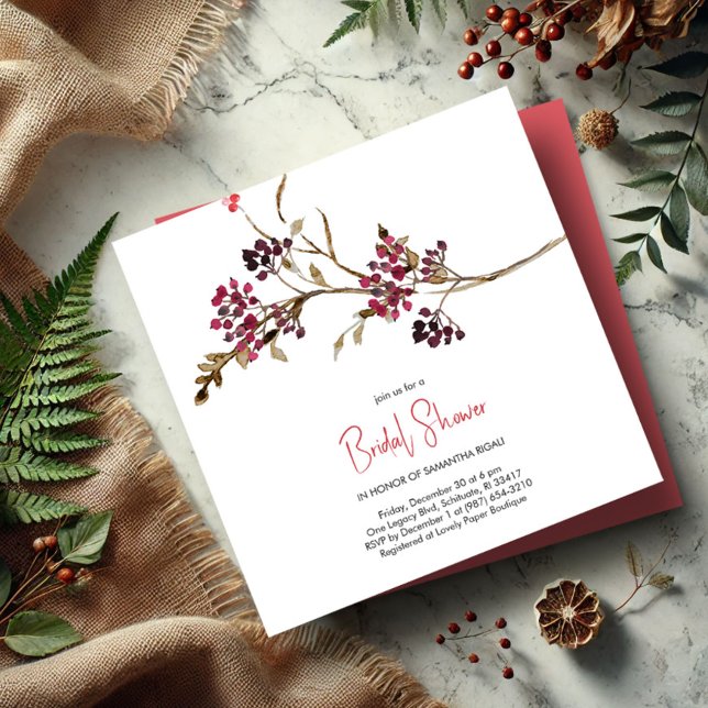 Convites Festa de Natal do Chá de panela Elegante (Bridal shower invitations rustic watercolor berries and botanicals fall and winter)