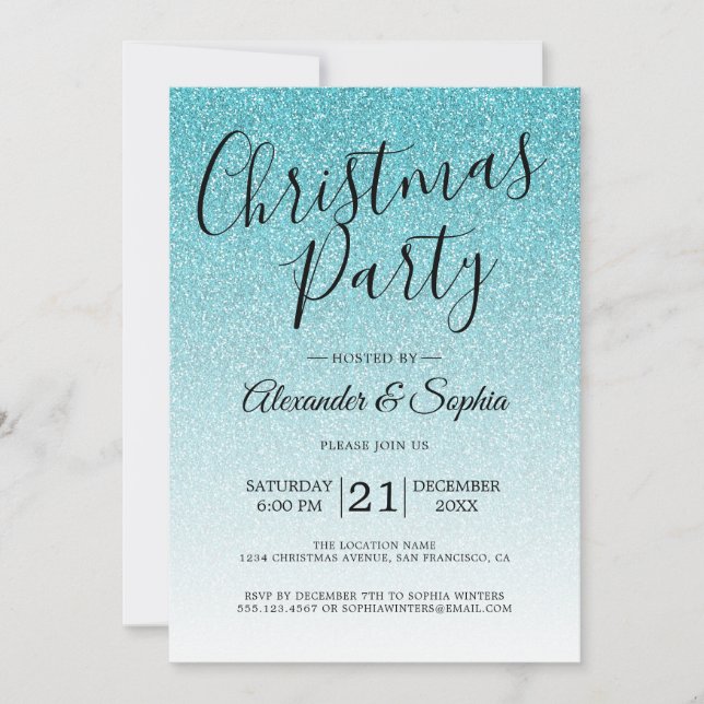 Convites Festa de Natal do Chic Script Blue Glitter Ombre (Frente)