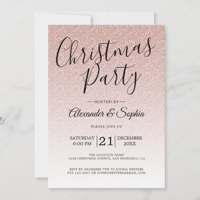 Convites Festa de Natal do Chic Script Pink Glitter Ombre (Frente)