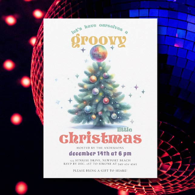 Convites Festa de Natal do Desco de Natal em Groovy (groovy little christmas ball tree party invitation)