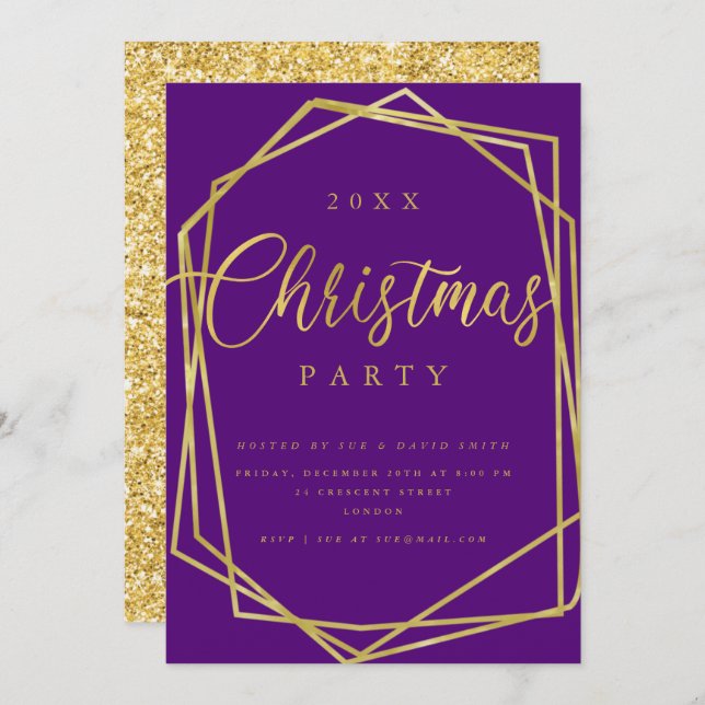 Convites Festa de Natal do Dourado Quadro Roxo do Script MO (Frente/Verso)