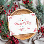 Convites Festa de Natal do Elegant Vintage Script<br><div class="desc">Design com tipografia elegante e uma bela árvore de Natal,  gráficos e ornamentais. O plano de fundo tem uma borda pontilhada com detalhes de canto de rolagem vintage. Clique no botão PERSONALIZAR TI para personalizar fontes,  mover texto e criar seu próprio design de convite exclusivo.</div>